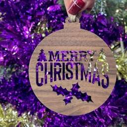 Wooden Merry Christmas Holly Bauble Tree Decoration - Xmas Ornament in Oak, Walnut Cherry Wood -Or- Silver, Gold, Red, Green Glitter - thumbnail 1