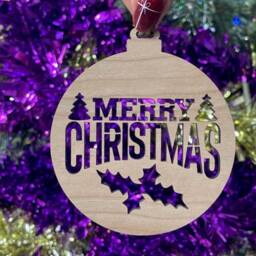 Wooden Merry Christmas Holly Bauble Tree Decoration - Xmas Ornament in Oak, Walnut Cherry Wood -Or- Silver, Gold, Red, Green Glitter - thumbnail 2