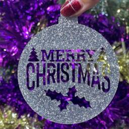 Wooden Merry Christmas Holly Bauble Tree Decoration - Xmas Ornament in Oak, Walnut Cherry Wood -Or- Silver, Gold, Red, Green Glitter - thumbnail 3