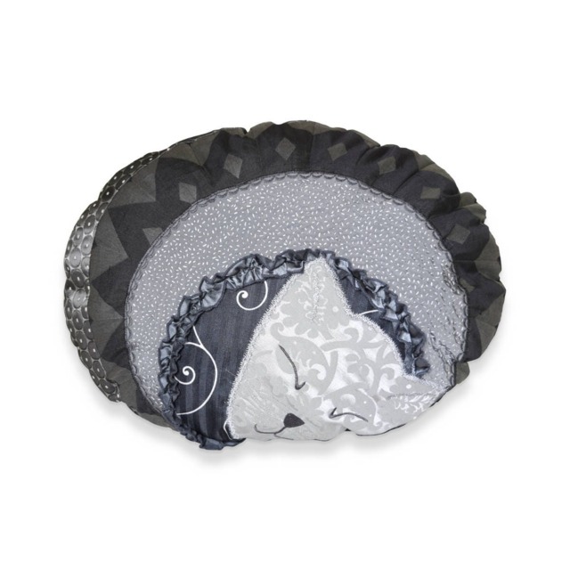 Pillow Cat Chatounet Unique Fiber Art Pillow Sleeping Kitten Oval Shape Black Grey Patchwork - image 1