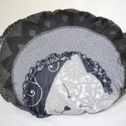 Pillow Cat Chatounet Unique Fiber Art Pillow Sleeping Kitten Oval Shape Black Grey Patchwork - thumbnail 2