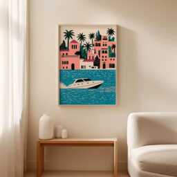 Coastal Marina Poster, Mediterranean Boat Print, Seaside Wall Art - thumbnail 2
