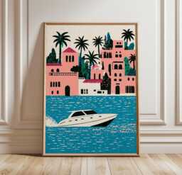 Coastal Marina Poster, Mediterranean Boat Print, Seaside Wall Art - thumbnail 1