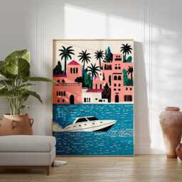 Coastal Marina Poster, Mediterranean Boat Print, Seaside Wall Art - thumbnail 4