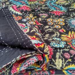 Handmade Kantha Quilt, Queen Size Bedspread, Indian Throw, Cotton Quilts, 100% Cotton Reversible Throw King Bedcover - thumbnail 2