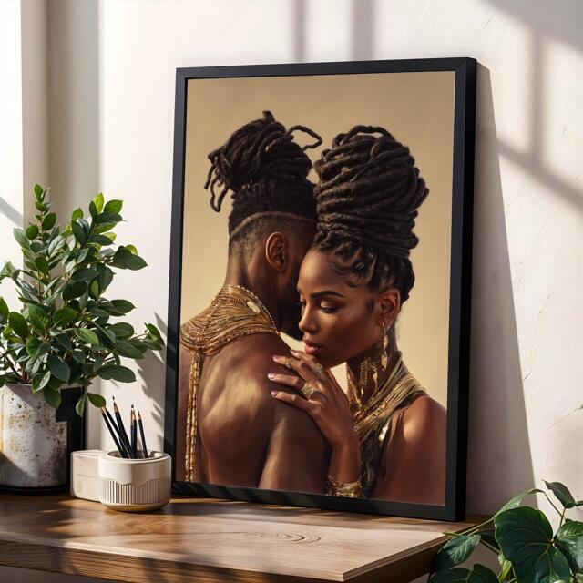 Afrocentric Couple Art Print Gold Jewelry, Modern Boho Decor - Poster Only - image 1