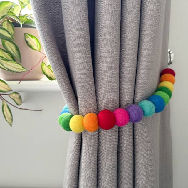 Bright Rainbow Felt Ball Curtain Tie Backs - Pom Hold Custom Nursery Decor Baby Gift Colourful Pull - image 1