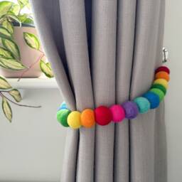 Bright Rainbow Felt Ball Curtain Tie Backs - Pom Hold Custom Nursery Decor Baby Gift Colourful Pull - thumbnail 1