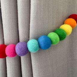 Bright Rainbow Felt Ball Curtain Tie Backs - Pom Hold Custom Nursery Decor Baby Gift Colourful Pull - thumbnail 3