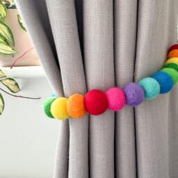 Bright Rainbow Felt Ball Curtain Tie Backs - Pom Hold Custom Nursery Decor Baby Gift Colourful Pull - thumbnail 2