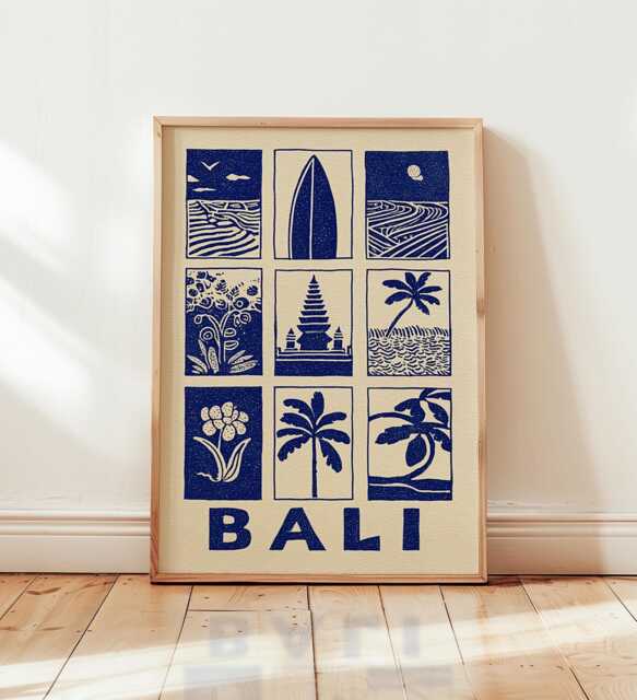 Bali Linocut Art Print, Modern Tropical Poster, Minimalist Island Wall Art, Blue & Beige Travel Coastal Boho Home Decor - image 1