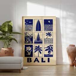 Bali Linocut Art Print, Modern Tropical Poster, Minimalist Island Wall Art, Blue & Beige Travel Coastal Boho Home Decor - thumbnail 3