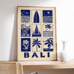 Bali Linocut Art Print, Modern Tropical Poster, Minimalist Island Wall Art, Blue & Beige Travel Coastal Boho Home Decor - thumbnail 2