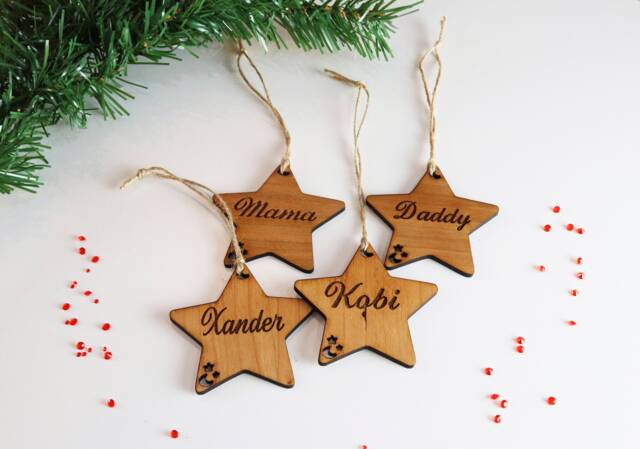 Personalised Family Tree Decorations, Wooden Star, Christmas Decoration, Gift, Bauble, Name Bauble - image 1