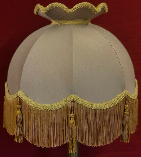 Handmade Taupe Fabric Lampshade Gold Braid & Tassel Fringe - image 1