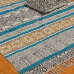 Hand Block Printed Cotton Rug Bohemian Hallway Kilim Design - thumbnail 2