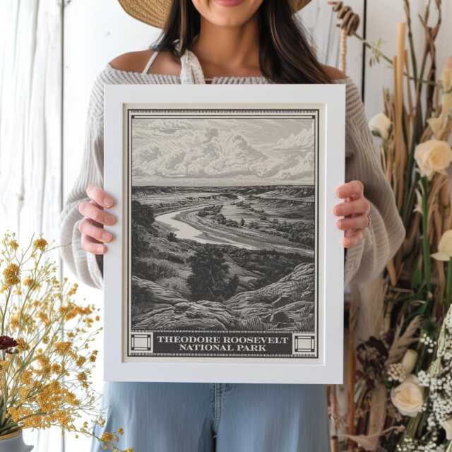 Theodore Roosevelt National Park Lithograph Style Print - Vintage North Dakota Archival Matte Fine Art Print. Wind Canyon Trail. Travel Gift - image 1