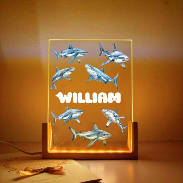 Personalized Shark Night Light, Wood Base, Kids Room Decor - image 1