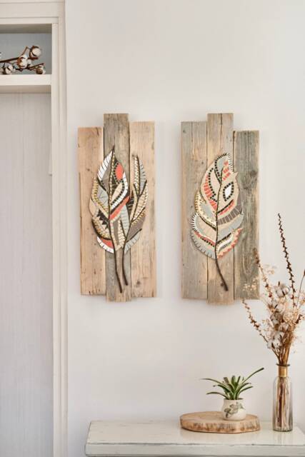 Feather Wall Art, Custom Made Mosaic On Wood, Art Set, Painting, Mosaic Mosaic, Wood - image 1