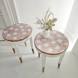 End Tables, Flower Vintage Hand Painted Flowers, Daisy Furniture, Mauve, Raw Wood, Lavender Nightstand, Boho Table - thumbnail 2