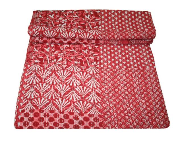 Handmade Red Kantha Quilt, Indian Cotton Bedspread Blanket - 90x108 - image 1