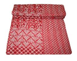 Handmade Red Kantha Quilt, Indian Cotton Bedspread Blanket - 90x108 - thumbnail 1