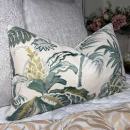 Green Beige Floral Cotton Woodland Cushion Cover, Lumbar Size 12 X 20