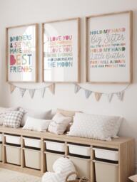 Set Of 3 Playroom Prints, Brother & Sister Rainbow Wall Art, Colourful, Siblings Prints - thumbnail 1