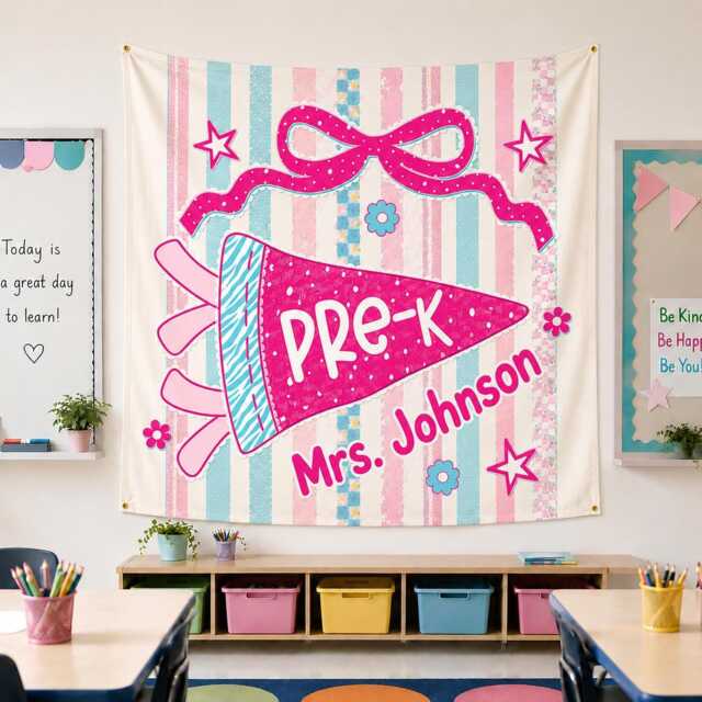 Custom Pre-K Teacher Tapestry, Personalized Classroom Banner, Pink Bow Decor, Back To School Wall Hanging, Gift Tapestry - image 1