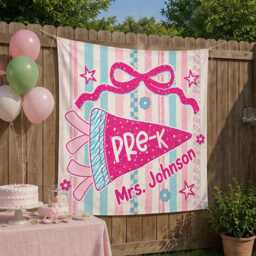 Custom Pre-K Teacher Tapestry, Personalized Classroom Banner, Pink Bow Decor, Back To School Wall Hanging, Gift Tapestry - thumbnail 3