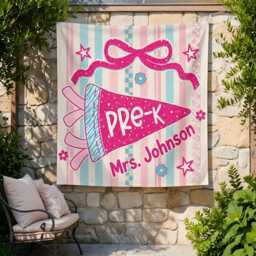 Custom Pre-K Teacher Tapestry, Personalized Classroom Banner, Pink Bow Decor, Back To School Wall Hanging, Gift Tapestry - thumbnail 2