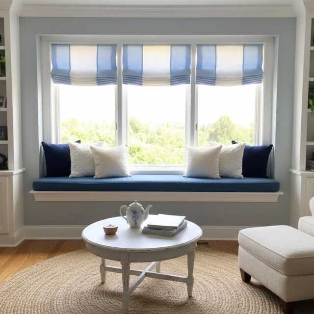 Blue & White Two-Tone Natural Linen Relaxed Roman Shade, Cl1010 - image 1