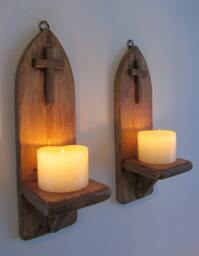 Pair Of Church/Catholic Style Wall Sconce Led Candle Holders With Wooden Cross Crucifix Decoration , Various Sizes Available - thumbnail 1