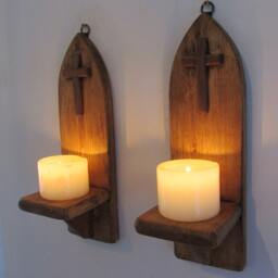 Pair Of Church/Catholic Style Wall Sconce Led Candle Holders With Wooden Cross Crucifix Decoration , Various Sizes Available - thumbnail 2