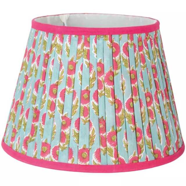 Teal Blue Lampshade Only, Pleated Cotton Floral Print Lamp Shade With Pink Trim - Easy Fit Table 30cm
