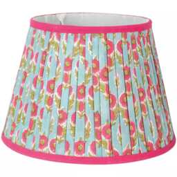 Teal Blue Lampshade Only, Pleated Cotton Floral Print Lamp Shade With Pink Trim - Easy Fit Table 30cm - thumbnail 1