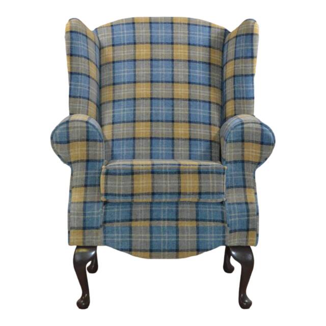Queen Anne Wing Back Cottage Fireside Chair in Blue & Yellow Lana Tartan Check - image 1