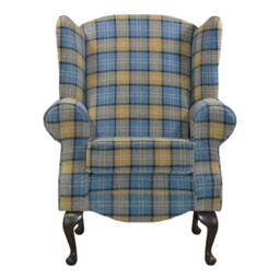 Queen Anne Wing Back Cottage Fireside Chair in Blue & Yellow Lana Tartan Check - thumbnail 1
