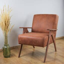 Handmade Mid-Century Modern Armchair Brown Faux Leather & Beech Wood - thumbnail 2