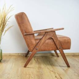 Handmade Mid-Century Modern Armchair Brown Faux Leather & Beech Wood - thumbnail 3