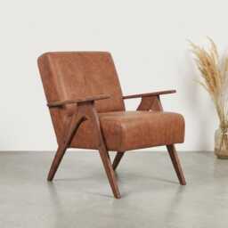 Handmade Mid-Century Modern Armchair Brown Faux Leather & Beech Wood
