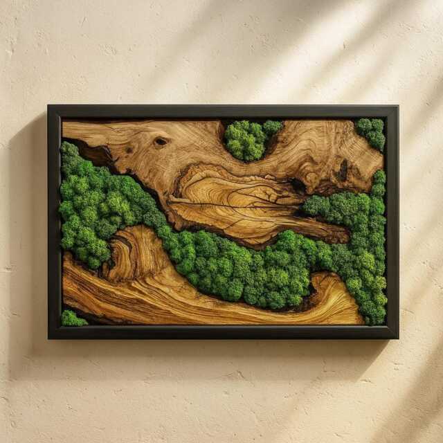 Live Edge Olive Wood & Moss Wall Art Handmade Biophilic Decor - image 1
