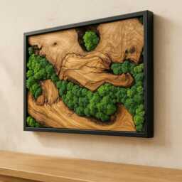 Live Edge Olive Wood & Moss Wall Art Handmade Biophilic Decor - thumbnail 2