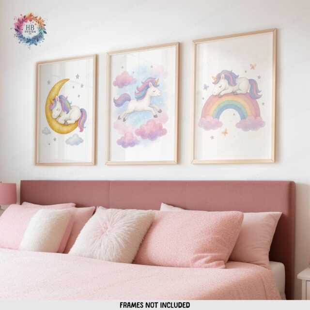 Girls Unicorn Wall Art - Set Of 3 - Girl Bedroom Poster Rainbow Unicorns Print - image 1