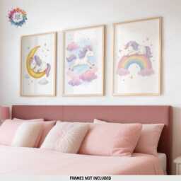 Girls Unicorn Wall Art - Set Of 3 - Girl Bedroom Poster Rainbow Unicorns Print - thumbnail 1