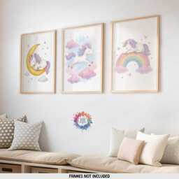 Girls Unicorn Wall Art - Set Of 3 - Girl Bedroom Poster Rainbow Unicorns Print - thumbnail 2