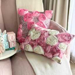Pink & Ivory Art Silk Decorative Lumbar Pillow Cover, 12x16 Modern Couch Oblong Cushion Ribbon Embroidered Rose Pillow - Blossom Bloom - thumbnail 3