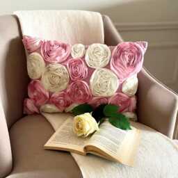 Pink & Ivory Art Silk Decorative Lumbar Pillow Cover, 12x16 Modern Couch Oblong Cushion Ribbon Embroidered Rose Pillow - Blossom Bloom - thumbnail 2