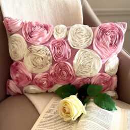 Pink & Ivory Art Silk Decorative Lumbar Pillow Cover, 12x16 Modern Couch Oblong Cushion Ribbon Embroidered Rose Pillow - Blossom Bloom