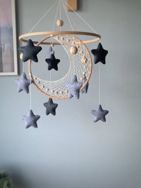 Moon & Star Crib Mobile, Macrame Baby Nuetral Space Star Handing Mobile Felt, Nursery - image 1